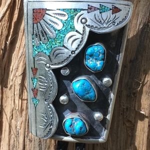 Turquoise coral sun design bolo tie - REAL not fake stones
